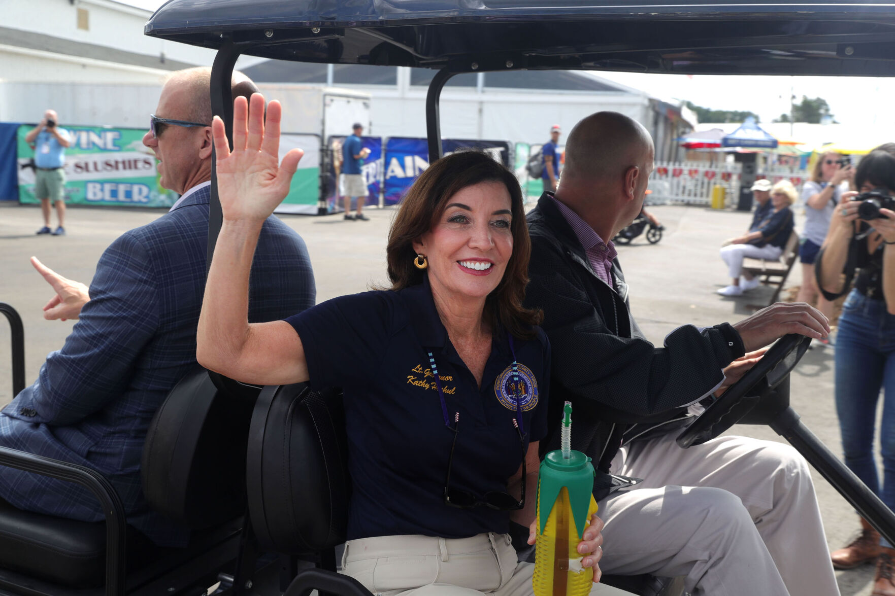 Kathy Hochul waves goodbye to well wishers.